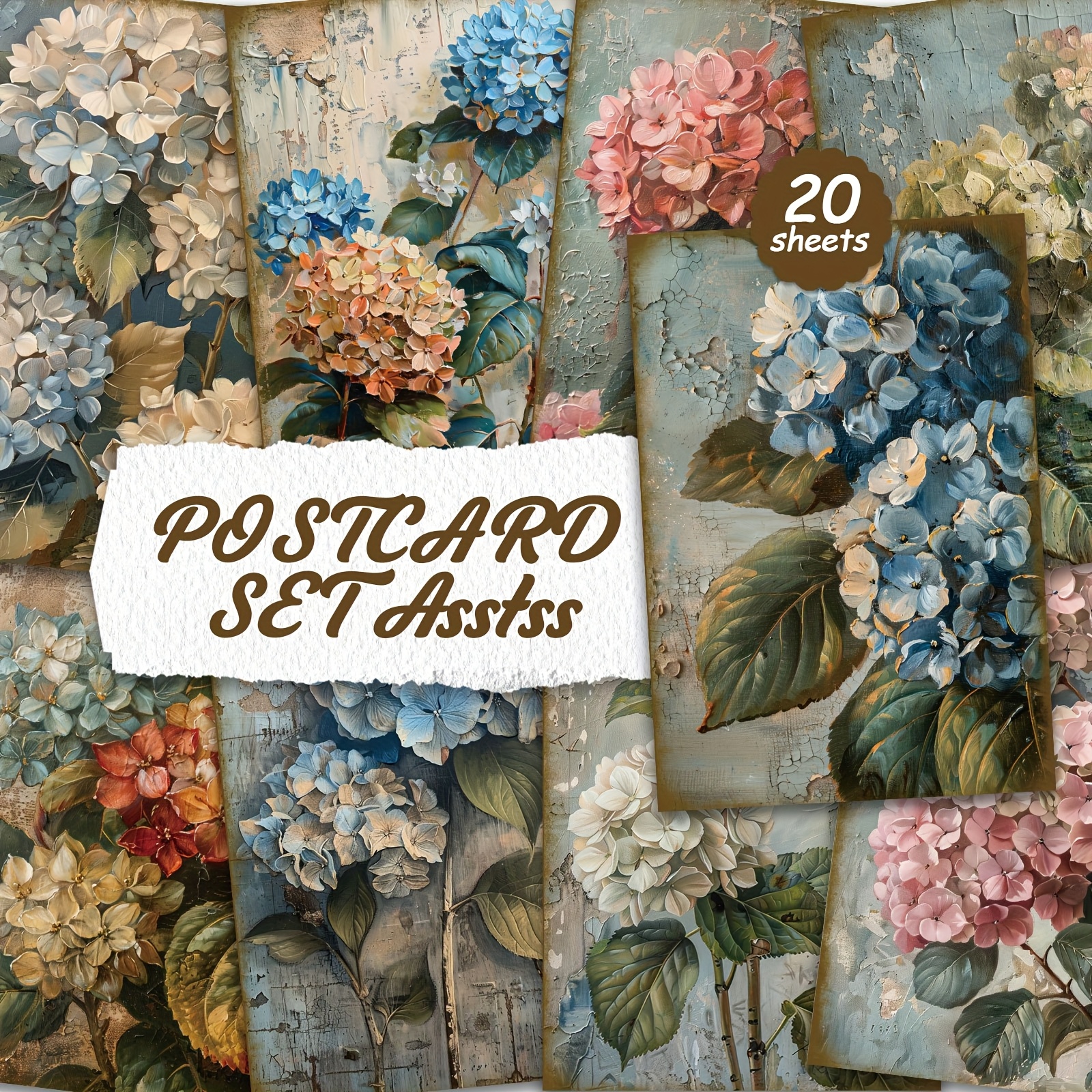 TEMU 20 Asstss Hydrangea Floral Postcard Sets - Vintage-style Smooth Writing Surfaces, Vibrant Colors For Scrapbooking, Greeting Cards, Junk Journals