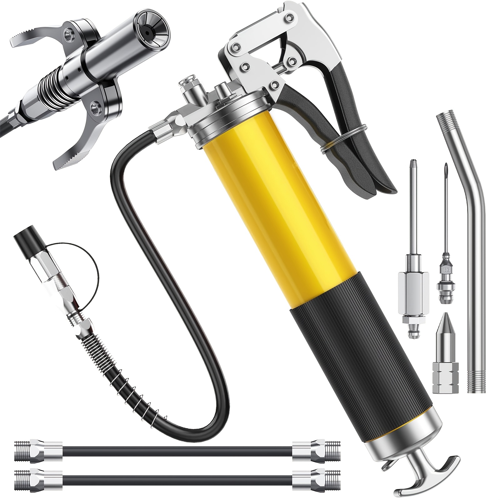 

Heavy Duty Grease Kit, 8000 Psi, 14 Oz Stainless Steel Cartridge, 18" Flex Hose, 2 Couplers, 2 Extension Rigid Tubes, Sharp Nozzle, 6 Jaw Attachments For Automotive & Industrial Lubrication