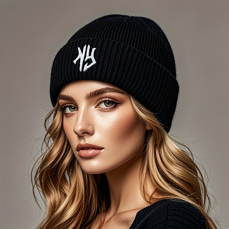 

Women's Embroidered Knit Beanie Hat With Stretchy Fabric, Lightweight And Warm Hat, Gothic Alphabet Ny Pattern, Y2k Style Outdoor Hat