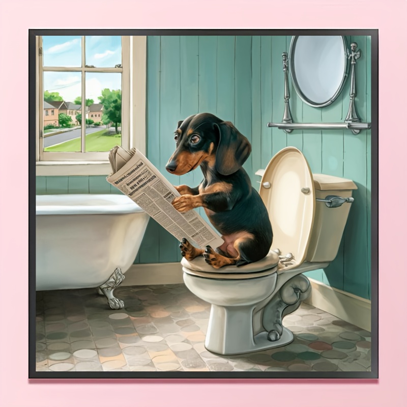 

Diy 5d Diamond Painting Kit - Cartoon Dachshund On Toilet Reading Newspaper | Round Canvas Art For Relax & Home Decor