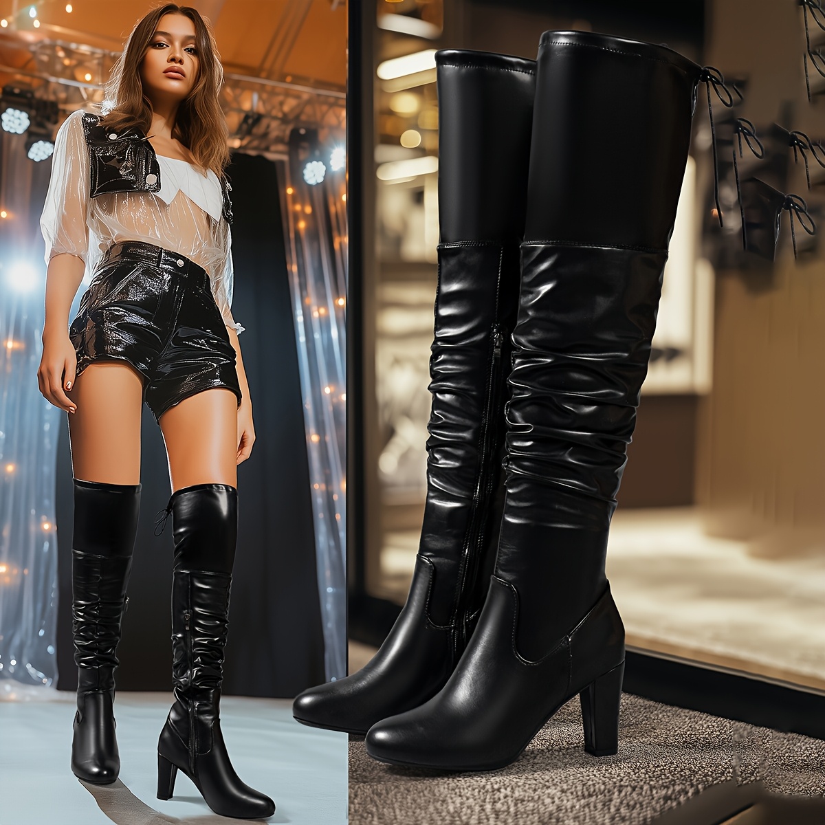 1pr womens fashion over the knee boots solid   toe block heel side zipper ruched design comfortable thick heel lace up   man made upper flannel lining pvc sole fabric insole 0