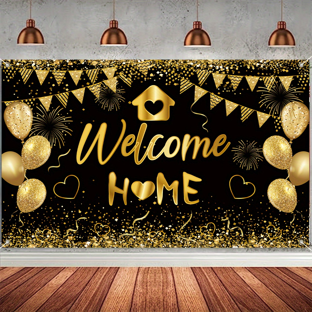 

1pc, Party Background Banner, 180cm * 110cm/70.8 Inches * 43.3 Inches, Black Gold Welcome Home Banner Decoration, Birthday Party Family Reunion Background, Home Decoration, Family Party Decoration.