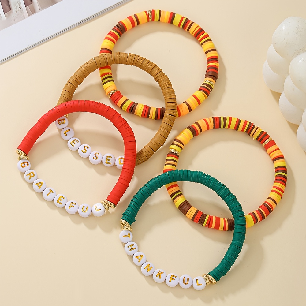 Thanksgiving Slogan Clay Bead Bracelet Set, Holiday Gift