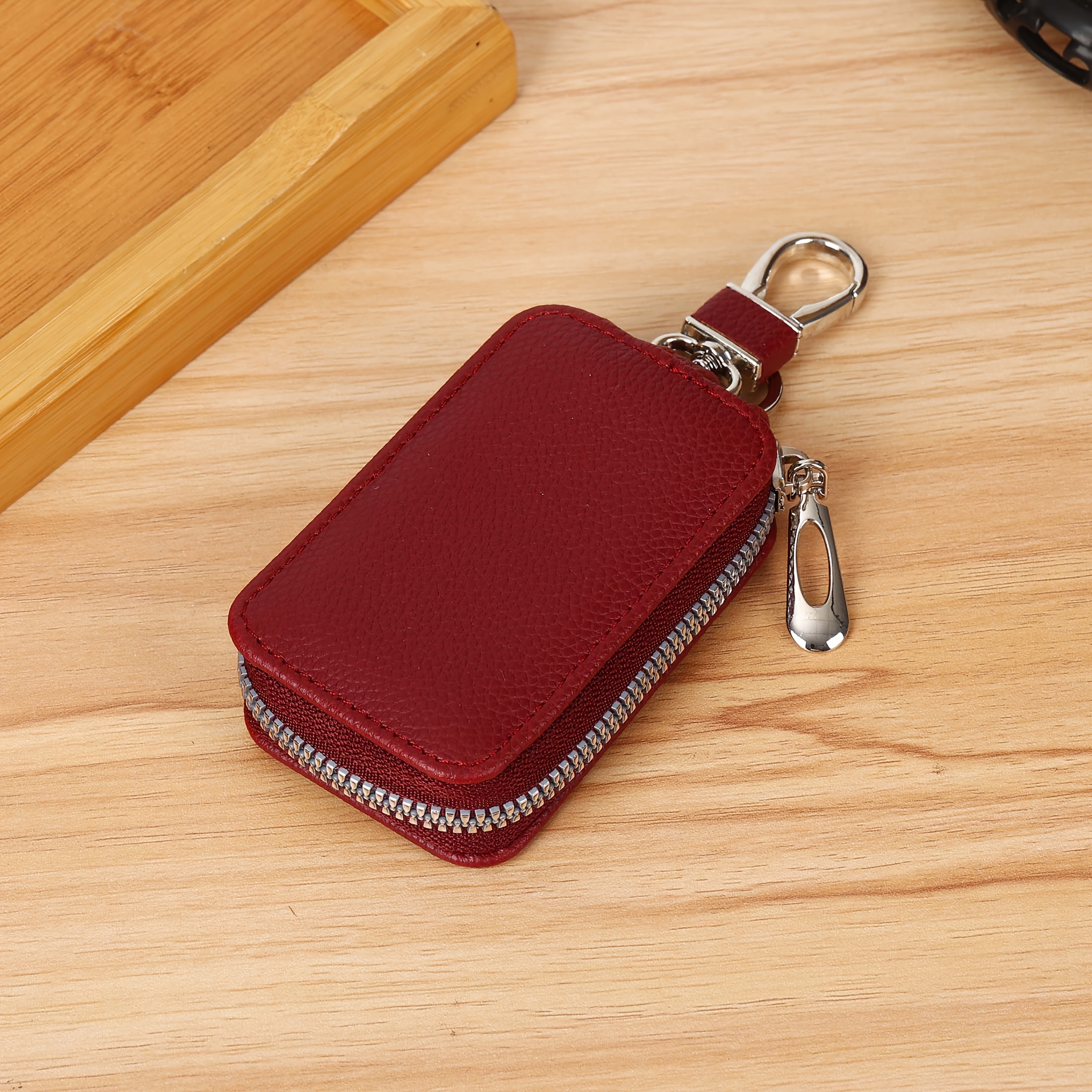 TEMU Fashionable Versatile Car Key Holder Grain Zipper Style, Unisex Waist-hanging Keychain, Large Capacity Anti-lost, Perfect Gift