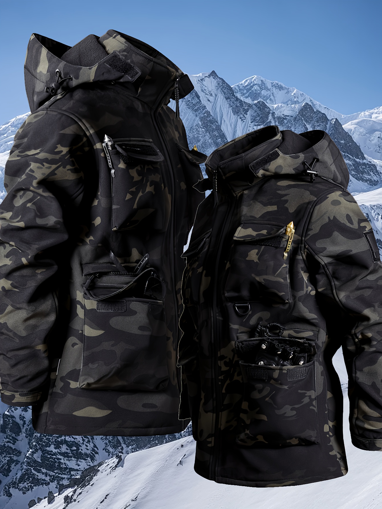 Men's Windproof Fleece-Lined Thickened Jacket with Hood and Multiple Pockets