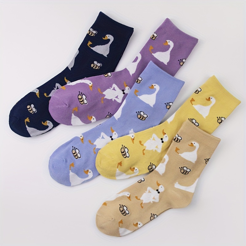 

5 Pairs Cartoon Goose & Bee Socks, Cute & Novelty Casual Mid Tube Socks, Women's Stockings & Hosiery