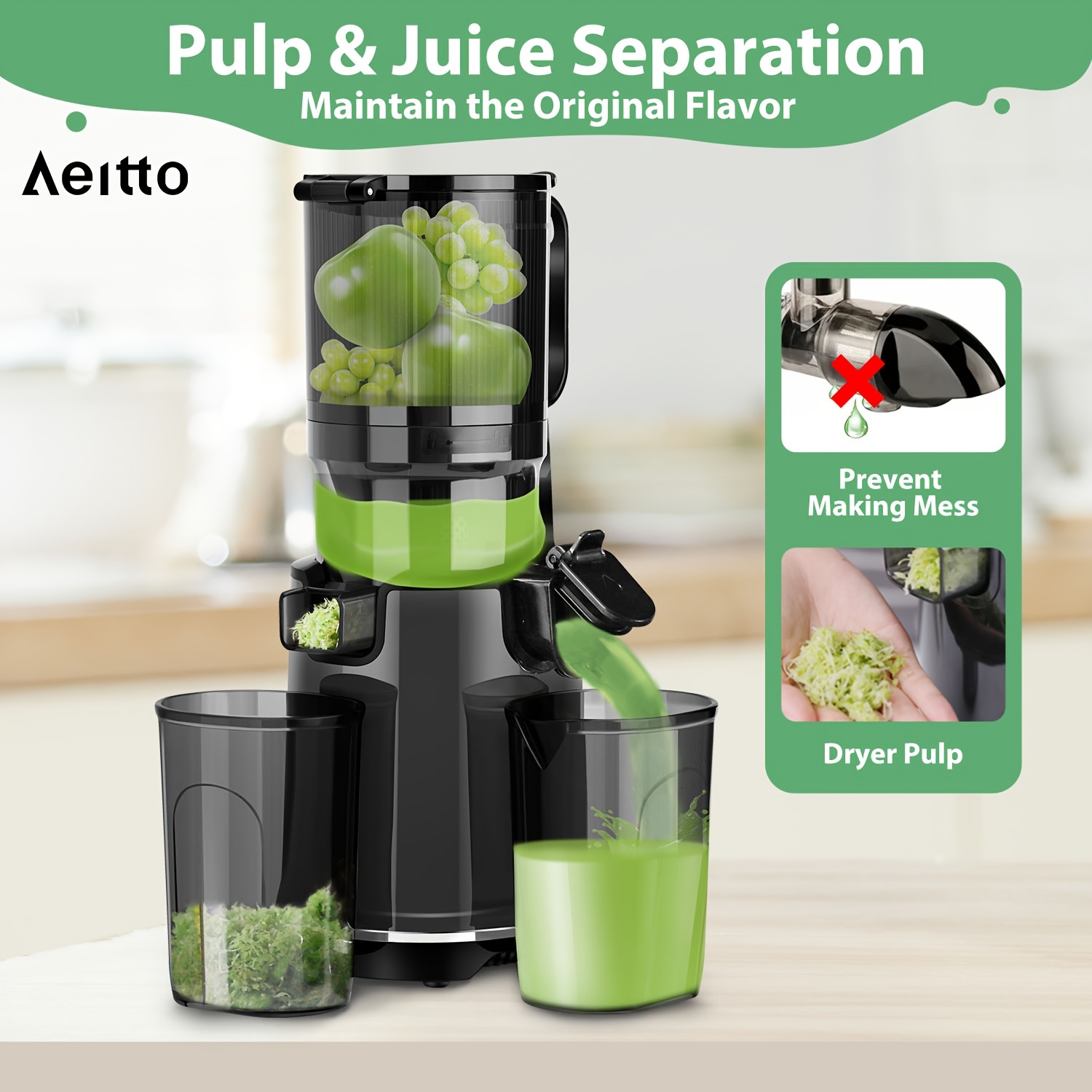 

Aeitto Juicer Machines, Cold Press Juicer With 5.3" Extra Large Feed Chute, 1.7l Large Capacity, 250w Whole Fruit Juicer For Vegetable And Fruit, Easy To Clean With Brush, High Juice Yield, Black