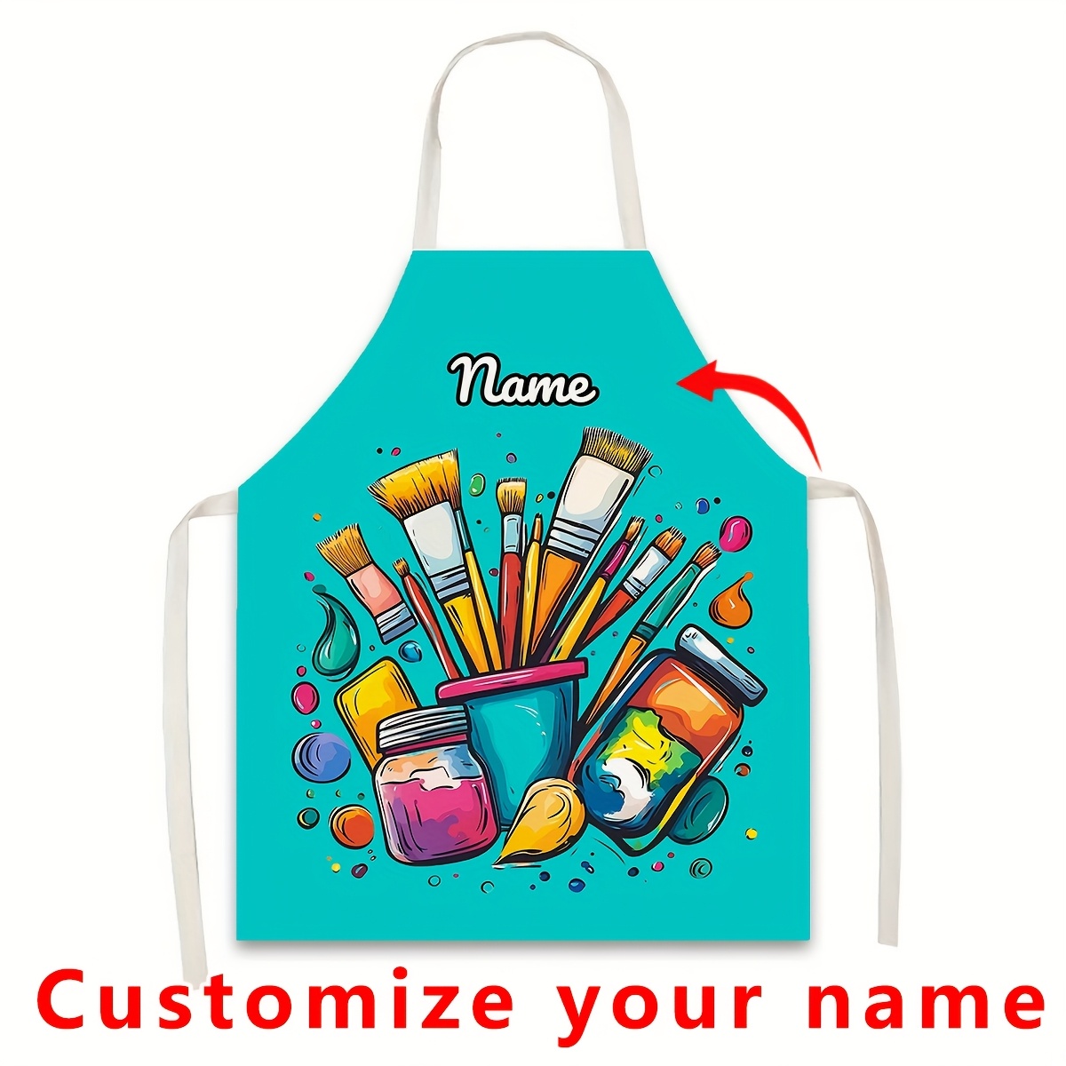 (custom) 1pc Painting Handmade Name Or Slogan Custom Apron, Polyester Material, Painting Tools Cartoon Pattern Apron, Waiter Apron, Kitchen Decor Item, Holiday Gift