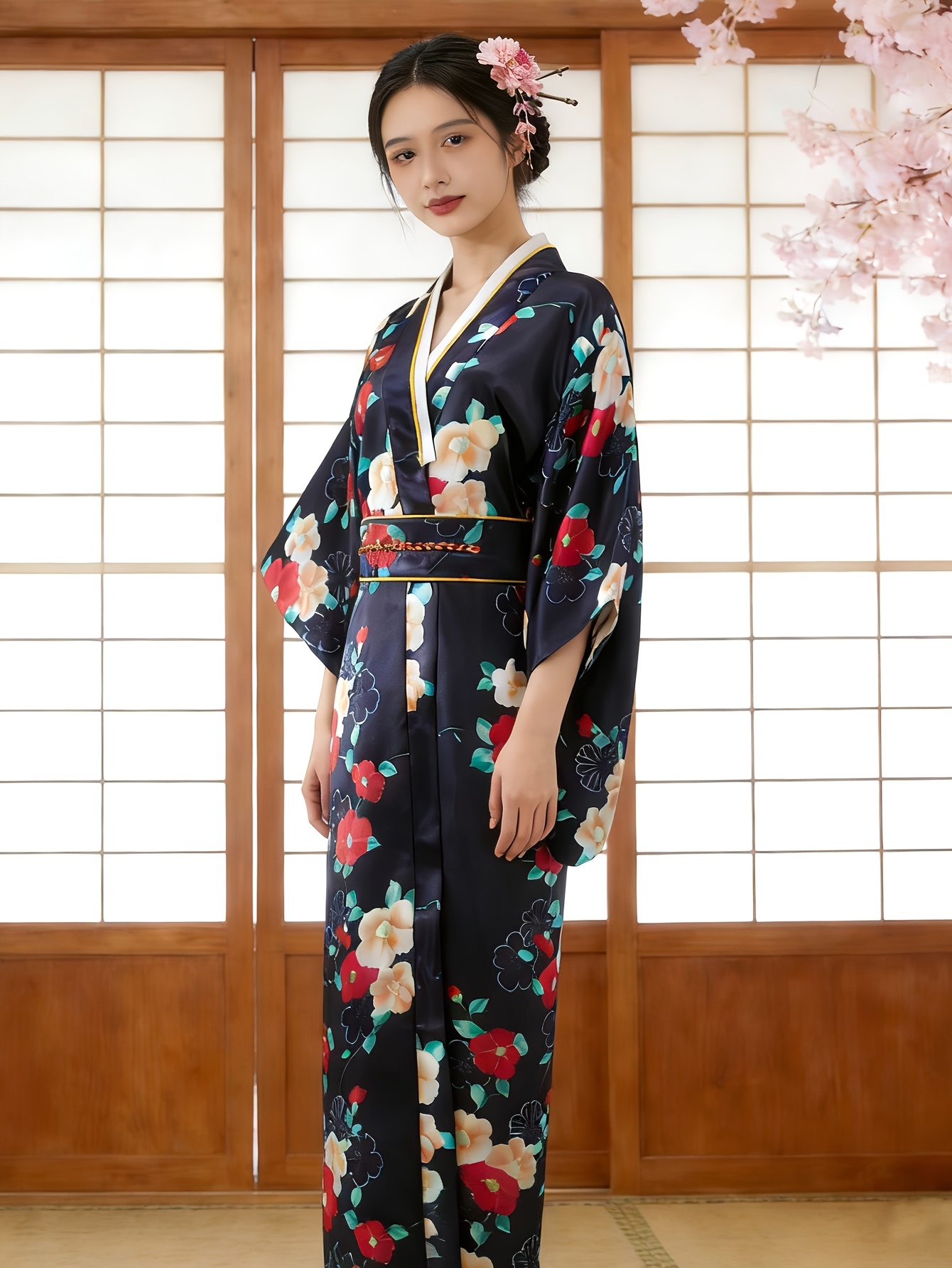 sachin and babi light blue dress Elegant Japanese Cherry Blossom Print Wrap Dress