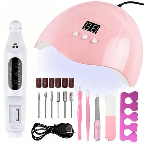 nail this nail kit combines and nail drill pink lamp with quick drying and curing nail gel convenient operation white nail drill with with multiple grinding heads
