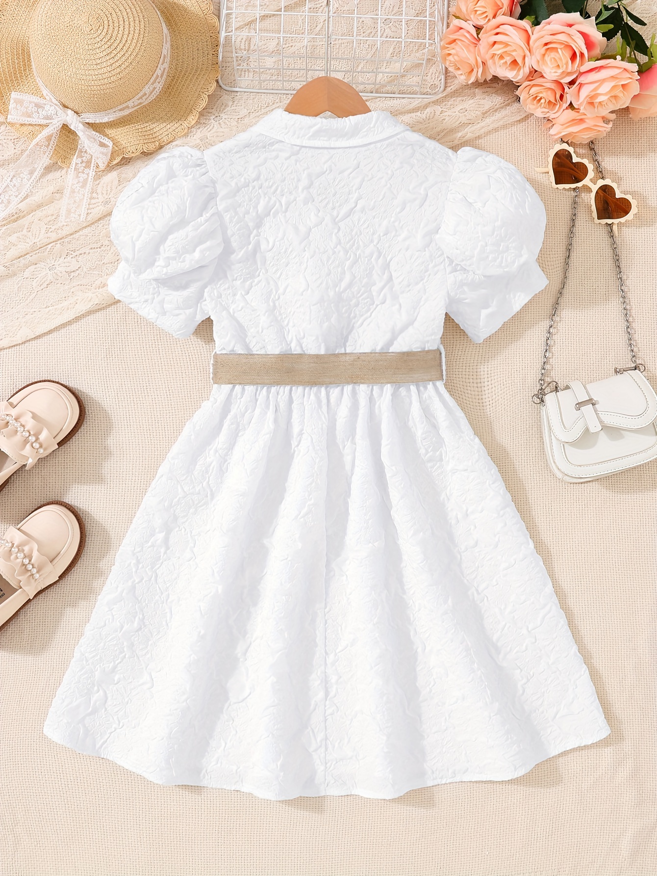 elegant summer dress white puff sleeve midi dress brown belt - Temu Bahrain