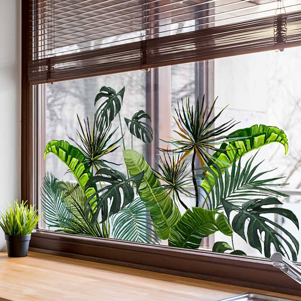 Image of 1pc 30*60cm Plant Glass Sticker - Palm Leaf And Monstera Leaf Sticker, Self-adhesive Removable Home Window And Glass Decoration, Style Home Decor Sticker