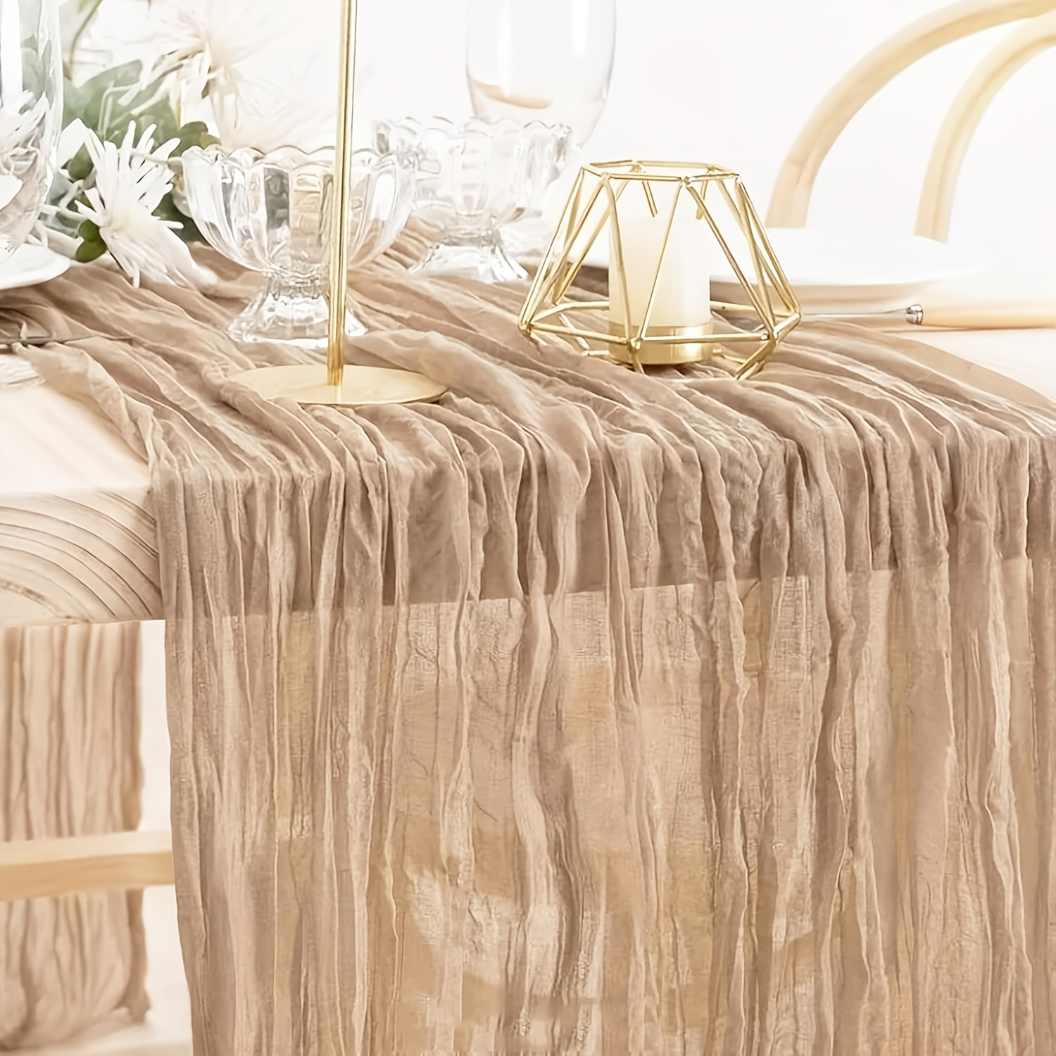 Image of Brown Cheesecloth Table Runner, 120 Inches Long, Sheer Table Runner, Cheesecloth Tablecloth For Valentine's Day, Birthday Party, Family Dinner, Fits 8 Person Tables