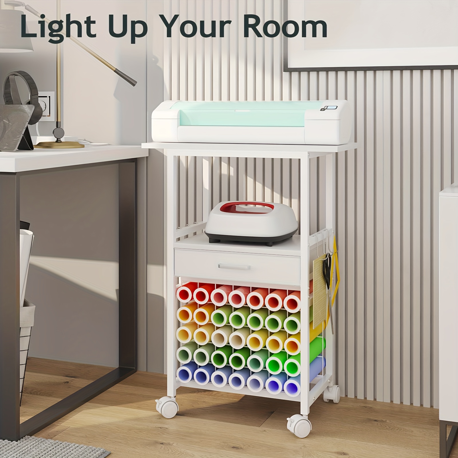 1pc rolling craft cart organizer table compatible with metal frame 3 tier storage with 30 vinyl roll holders fabric drawer accessory hooks for home office craft room   cart multitier shelves wooden top surface rolling storage cart utility shelves 0