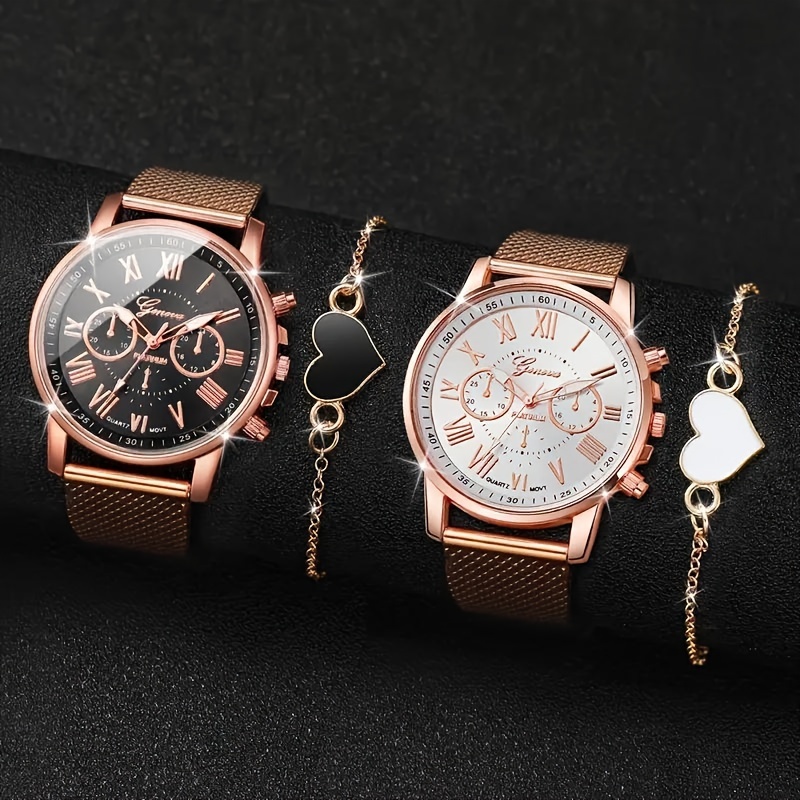 

2-piece Set, Women's Casual Round Dial Analog Quartz Wrist Watch With Pu Leather Band & Matching Jewelry, Rose Golden Tone, Elegant Heart Charm Bracelet Included