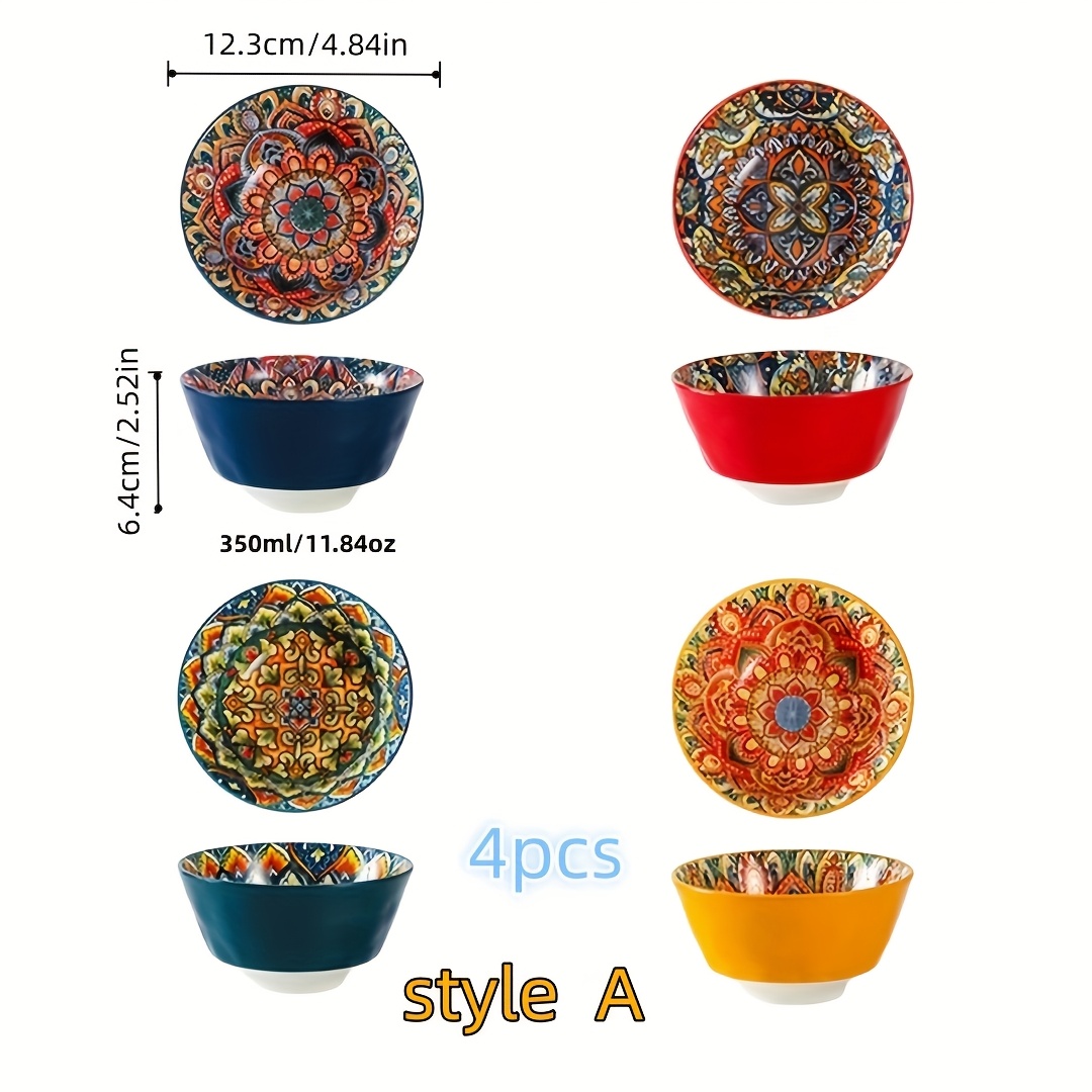 Image of 4pcs, 15oz Porcelain Dinner Bowls, Ceramic Cereal And Soup Bowl Set, Suitable For Dinner, Rice Bowls, Salads, Oatmeal, Microwave And Dishwasher Safe - Bohemian Style, 4.8-inch Japanese Bowls
