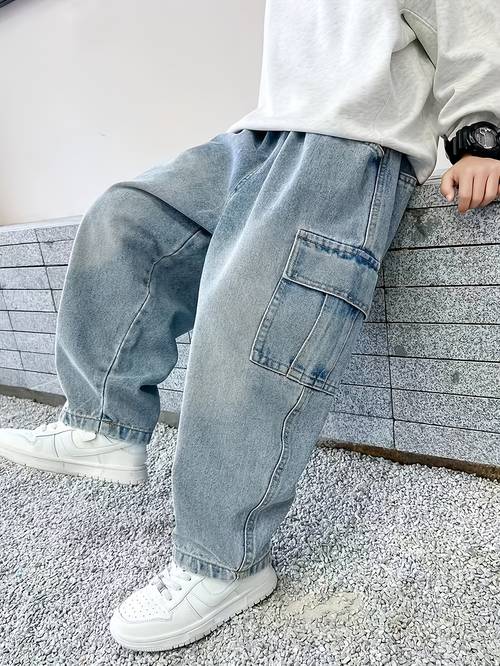 graduation season mothers day national day fashion trendy boys jeans to large size loose straight casual trousers denim cargo long pants