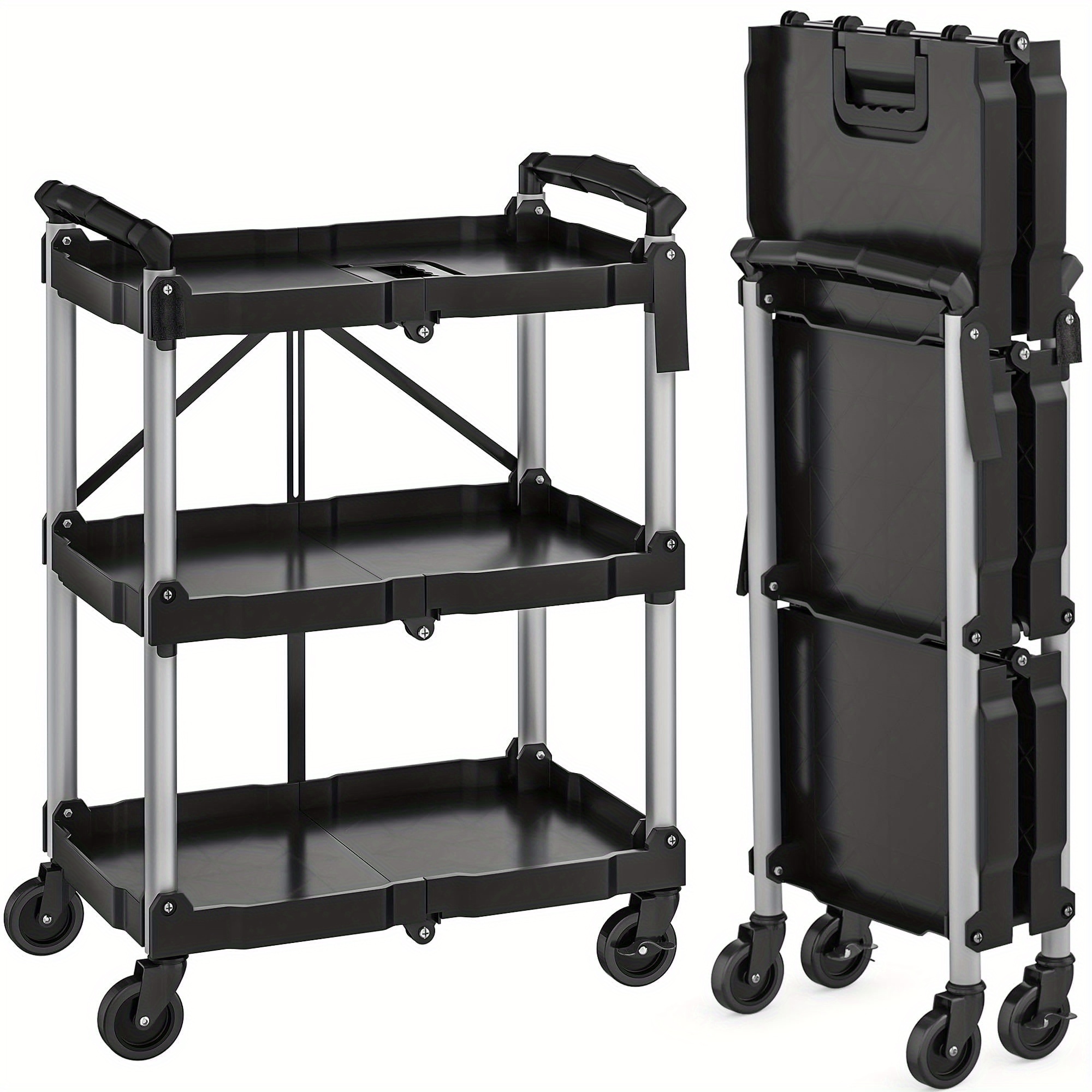 

1pc Yintatech Aluminum Alloy Folding Utility , 240lbs Capacity, 3-tier Collapsible Trolley With Casters (2 With Brakes), Portable Organizer For Home, Garage, Restaurant, Office