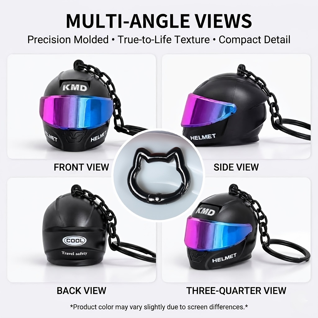 Image of 3pcs Motorcycle Helmet Keychain Pendant With Washer Rings And Clips, Creative Motorcycle Bag Charm, Colorful Lens Mini Helmet Car Key Chain, Women's Soccer Uniform Accessory, Trendy Pendant