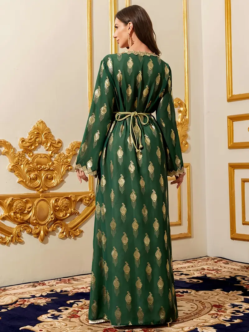 conservative long dress Veilorie Green Ruched Collar A-Line Dress Women's Indian Pakistani Wedding Traditional Modest Wear Loose Fit Woven Fabric Elegant Arabic Ext,XL