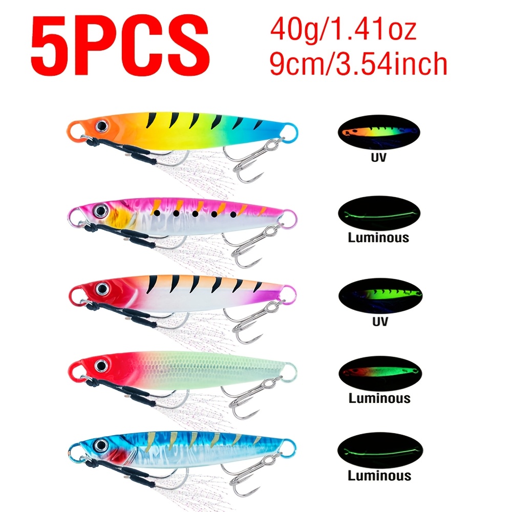 TEMU 5 pezzi 20G-60G Esche da pesca metalliche affondanti Jigging, esca luminosa con rivestimento UV e 3D, ami tripli affilati per pesca in acqua ,