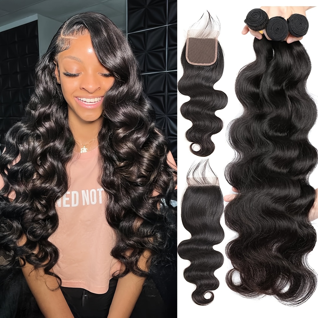 Image of Body Wave Human Hair Bundles With Closure 4x4 Hd Lace Closure With Bundles 12a Grade Brazilian Human Hair Natural Black Color