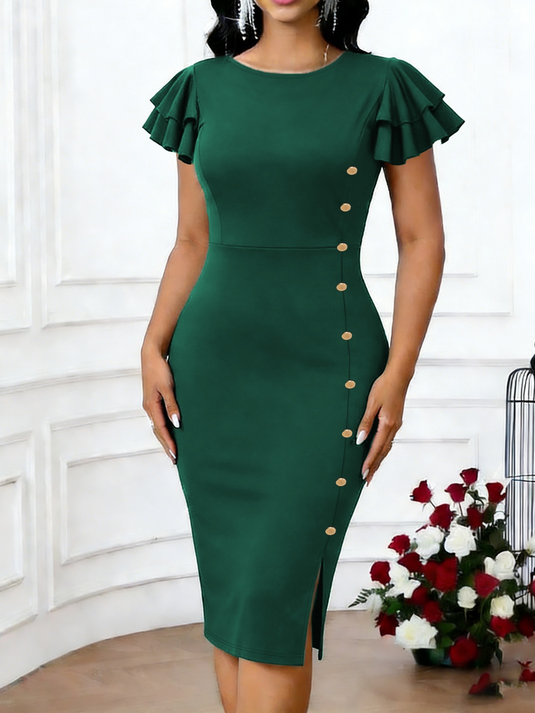 Women'S * Fitted Midi Dress with * Short Sleeves, Side Slit Design with  Button Details, Elegant And Formal, Suitable for Office, Cocktail Parties,  And Wedding Guests