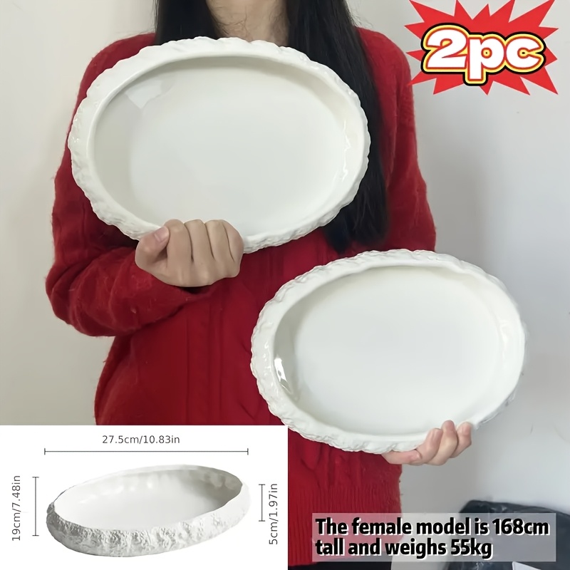 2pcs Set of Large Ceramic Fish Plates with Rock Pattern - Perfect for Steaming Fish, Lobster And Seafood - Elegant Tableware for Fine Dining Restaurants And Home Use