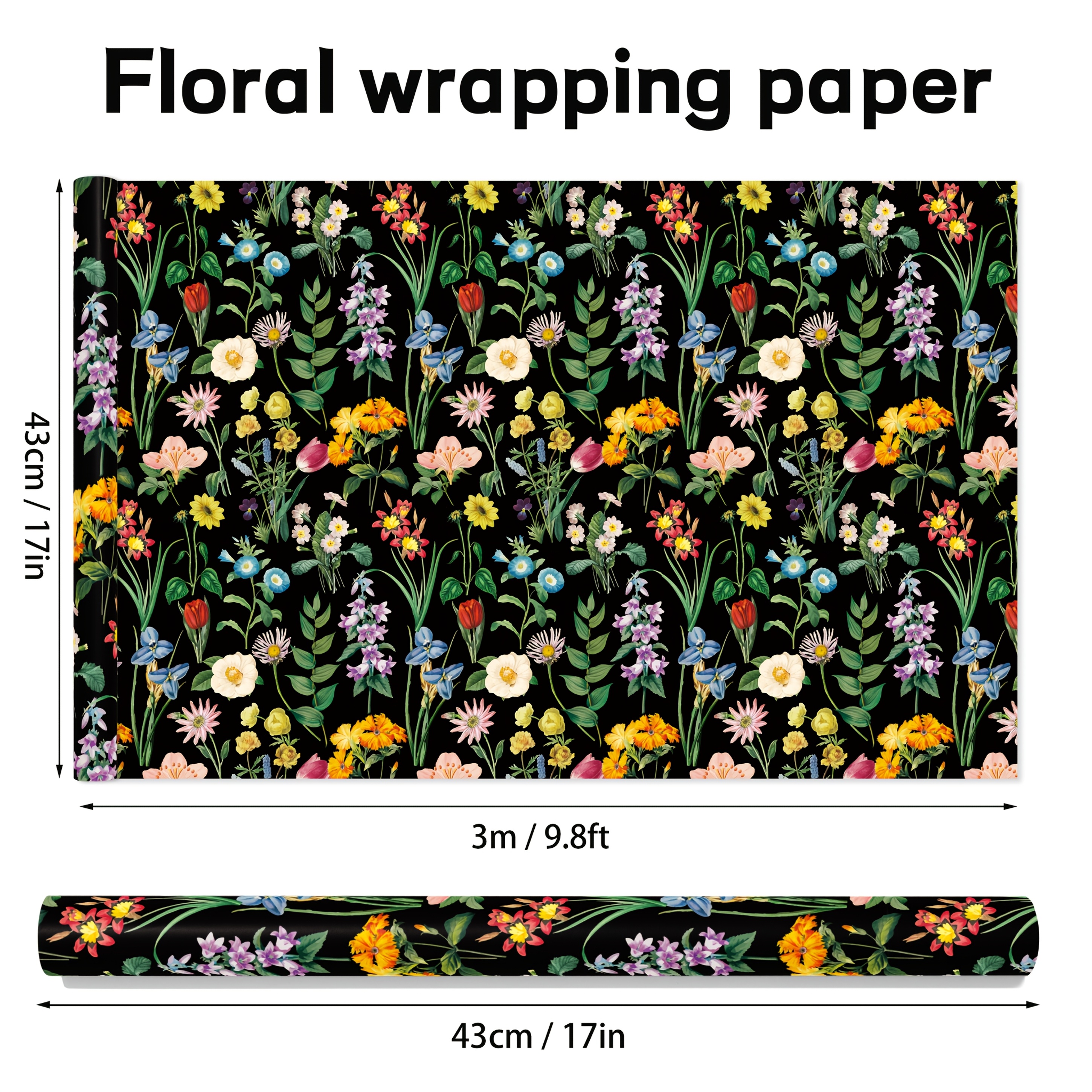 TEMU 1 Roll Of Black Paper Floral Wrapping Width: 17 Inches (43cm) - Spring And Summer Garden , Ideal For Party, Bridal Parties, Mother's Day And