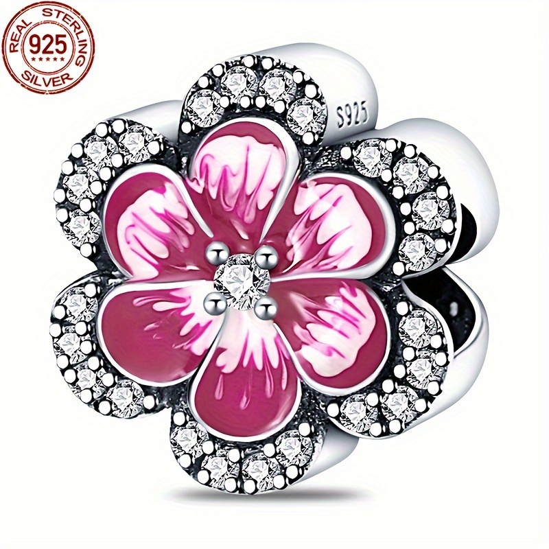 

1pc 4g 925 Sterling Silver Pink Flower Bead Fit Original Bracelet And 3mm Bangle, For Making Jewelry
