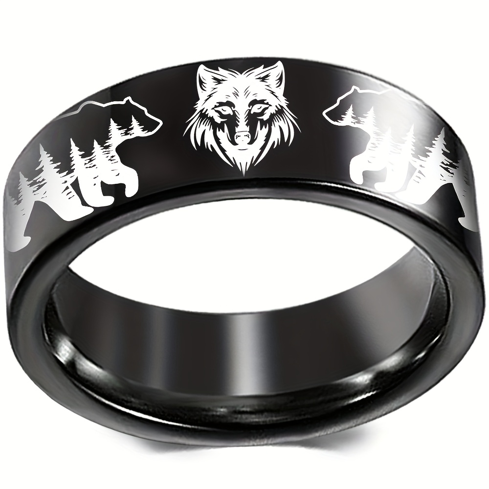 8mm Stainless Steel Bear and Wolf Engraved Wedding Band Ring