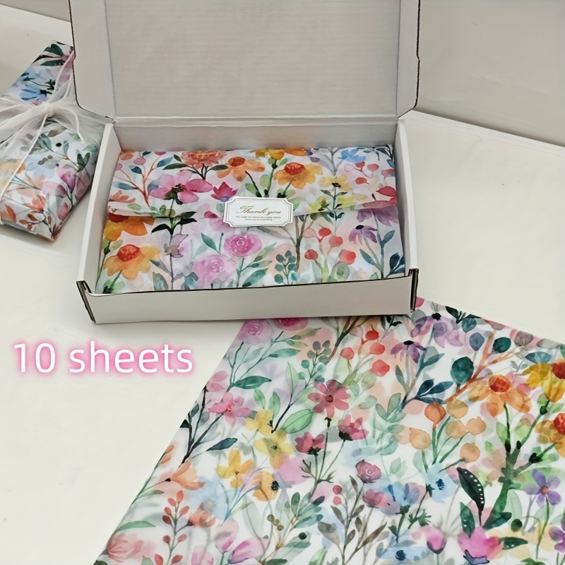 TEMU 10 Sheets Of Spring And Summer Watercolor Floral Pattern Thin Paper, Suitable For Diy Handicrafts, Party Gift Packaging, Bouquet Packaging, Shoe