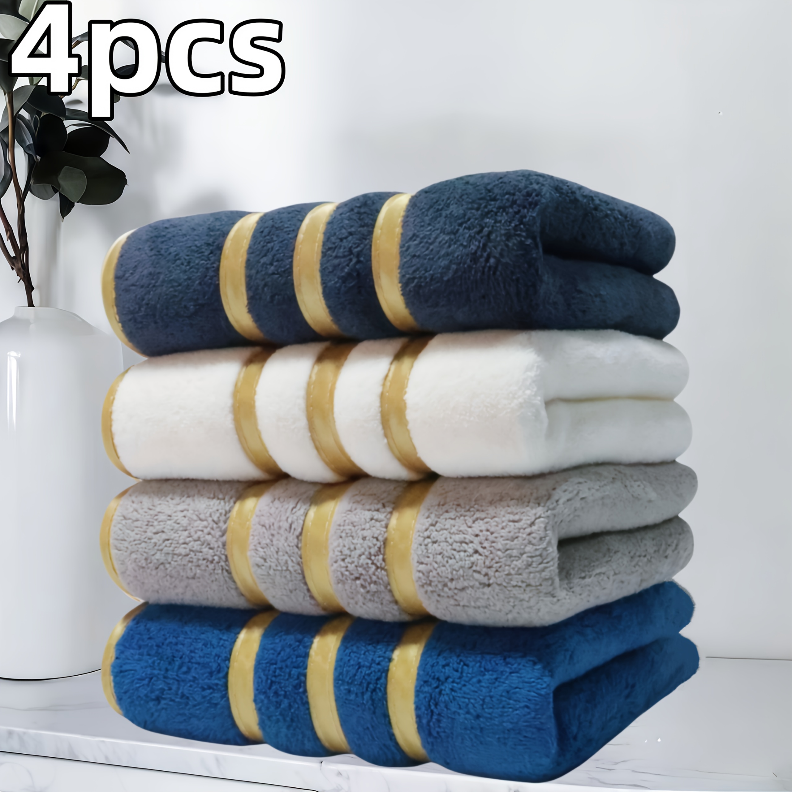 4 toallas  , 300gsm 42x80cm, toallas de     premium con rayas doradas, toallas faciales,   gruesa de poliéster y nailon de vellón de coral,   rápido y absorbente,   y cómodas, artículos de baño, adecuadas para el baño