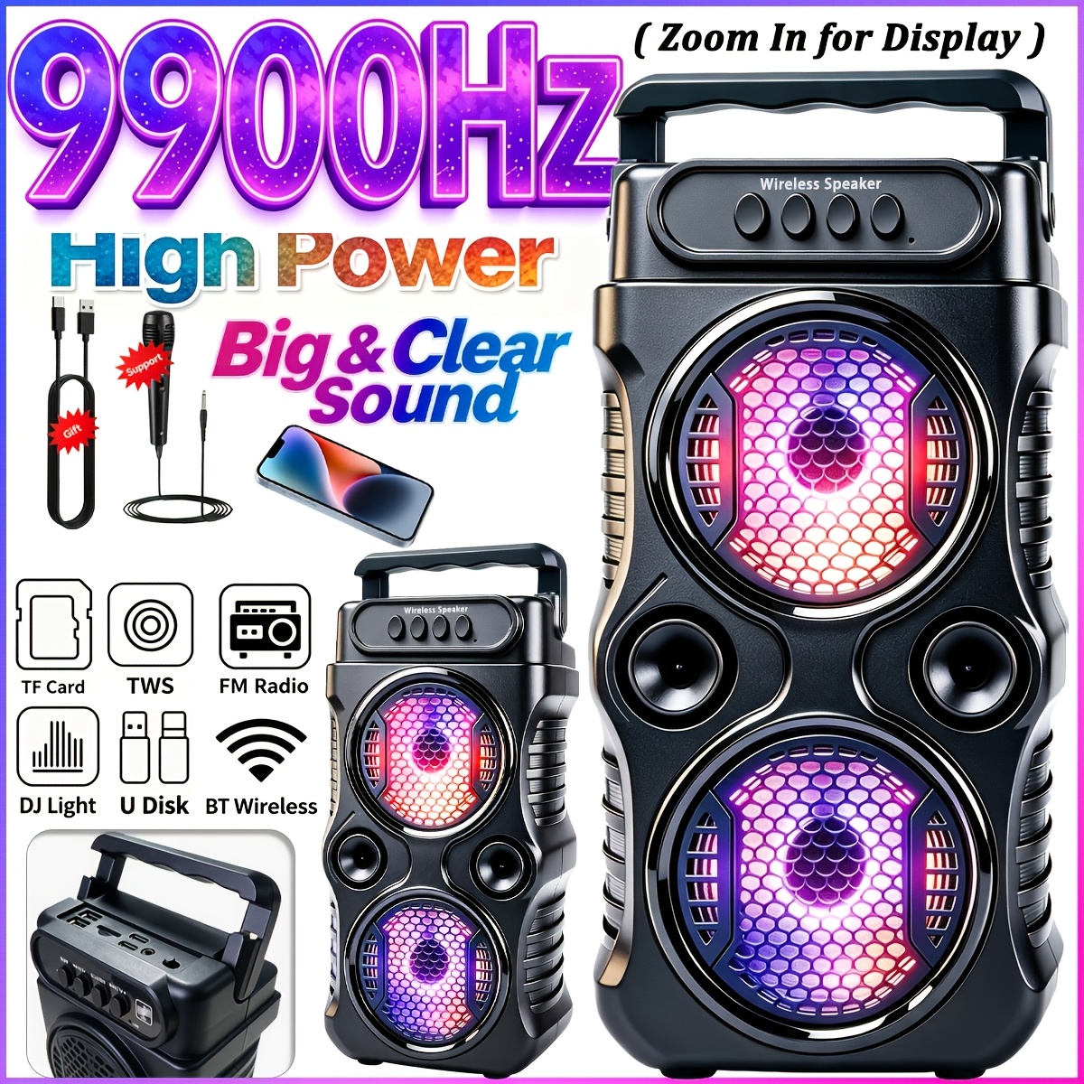 TEMU Wireless Sound Reinforcement Speaker, Portable , Supporting Colorful Rgb Lighting Effects, Compatible With Wireless/usb/tf/fm/mic, Professional