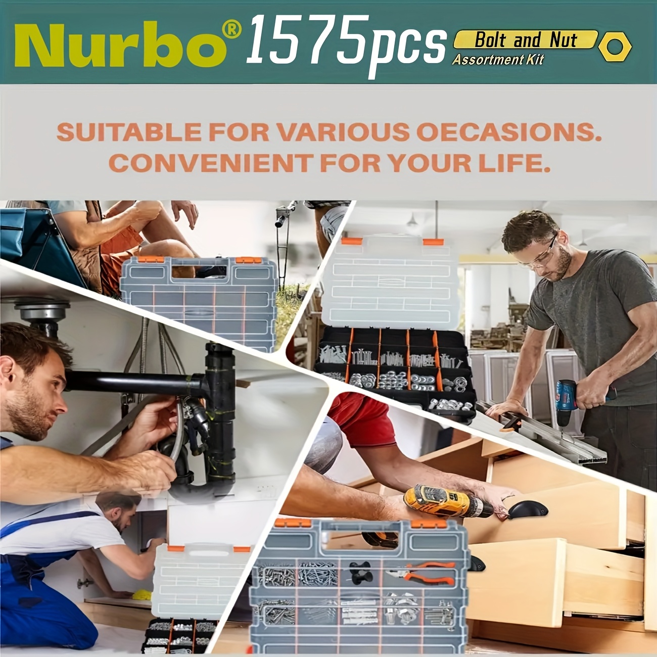 Juego de 1575 piezas de tuercas y tornillos, acero inoxidable, cabezas Phillips y planas, con varias tuercas, arandelas y caja organizadora de doble cara
