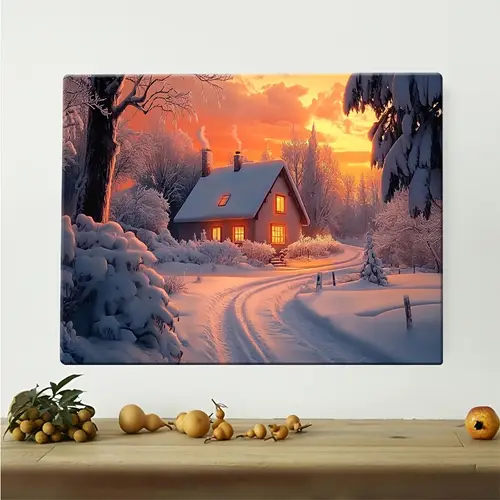 cozy snowy cabin wall art with wooden frame winter scene canvas decor for living room kitchen or office high quality framed canvas print on white artist canvas office wall art warm atmosphere art canvas canvas wall art