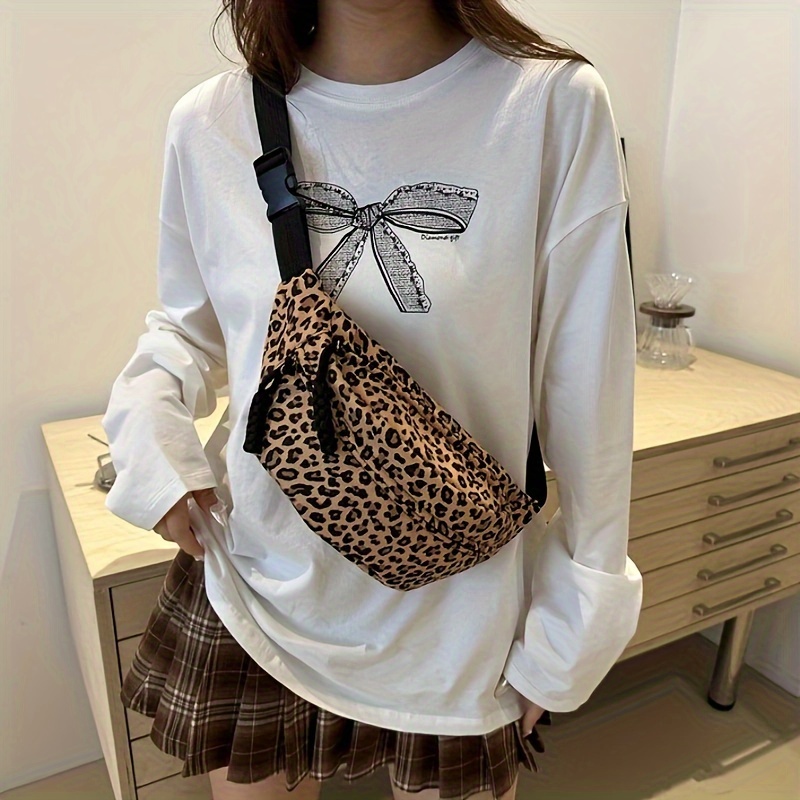 

Chic Leopard Print Fanny Pack For Girls - Lightweight, Casual Oxford Fabric Crossbody Bag With Top Handle Strap