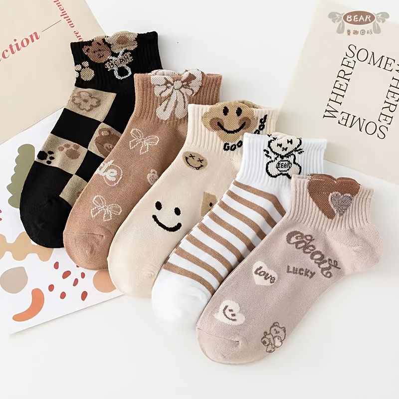 TEMU レディース かわいいクマのソックス - 春夏用 ショート薄手ソックス、吸汗・防臭、ふわふわ履物、キュートなキャラクターソックス、トレンディで万能なクルーソックス