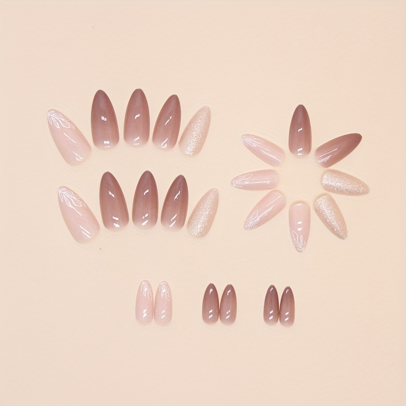 medium almond press on nails with leaf design glitter fake nails full cover false nails for women and girls details 2