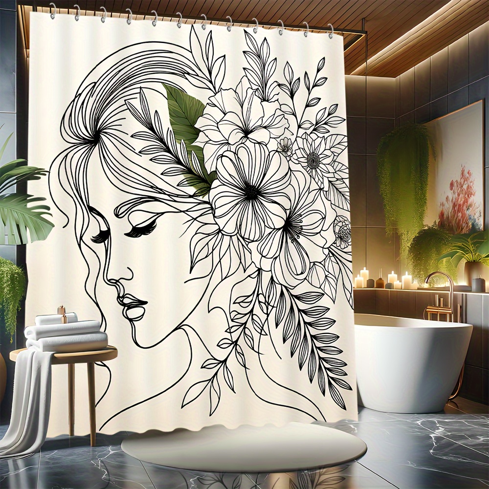 

1pc Floral Beauty Pattern With Hooks, Mildewproof Waterproof Bathroom Partition Curtain, Bathroom Accessories, Home Decor