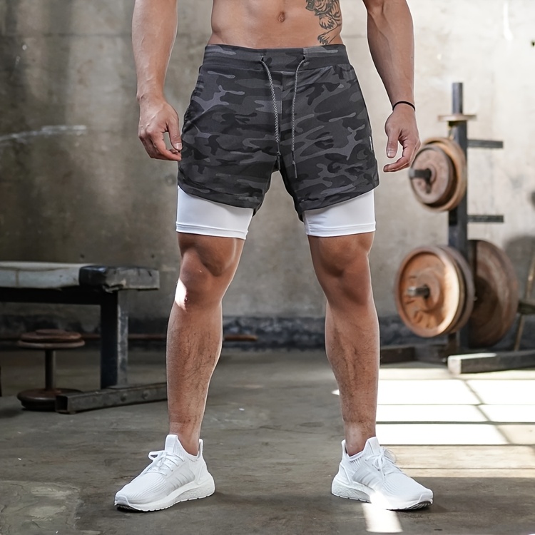 Men'S Morning Running, Gym Training, Sports, Multi Pocket Fake Two Piece Stretch Shorts with Drawstring, Casual Beach Pants Suitable for Spring, Summer, And Autumn Seasons