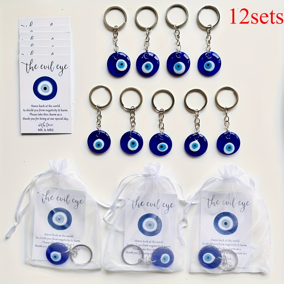 E-shop 36 Stück Türkisches Blaues Böses Auge Schlüsselanhänger Geschenk 12 Sets - Glücksamulette mit Organzatüten & Wunsch-Karten für