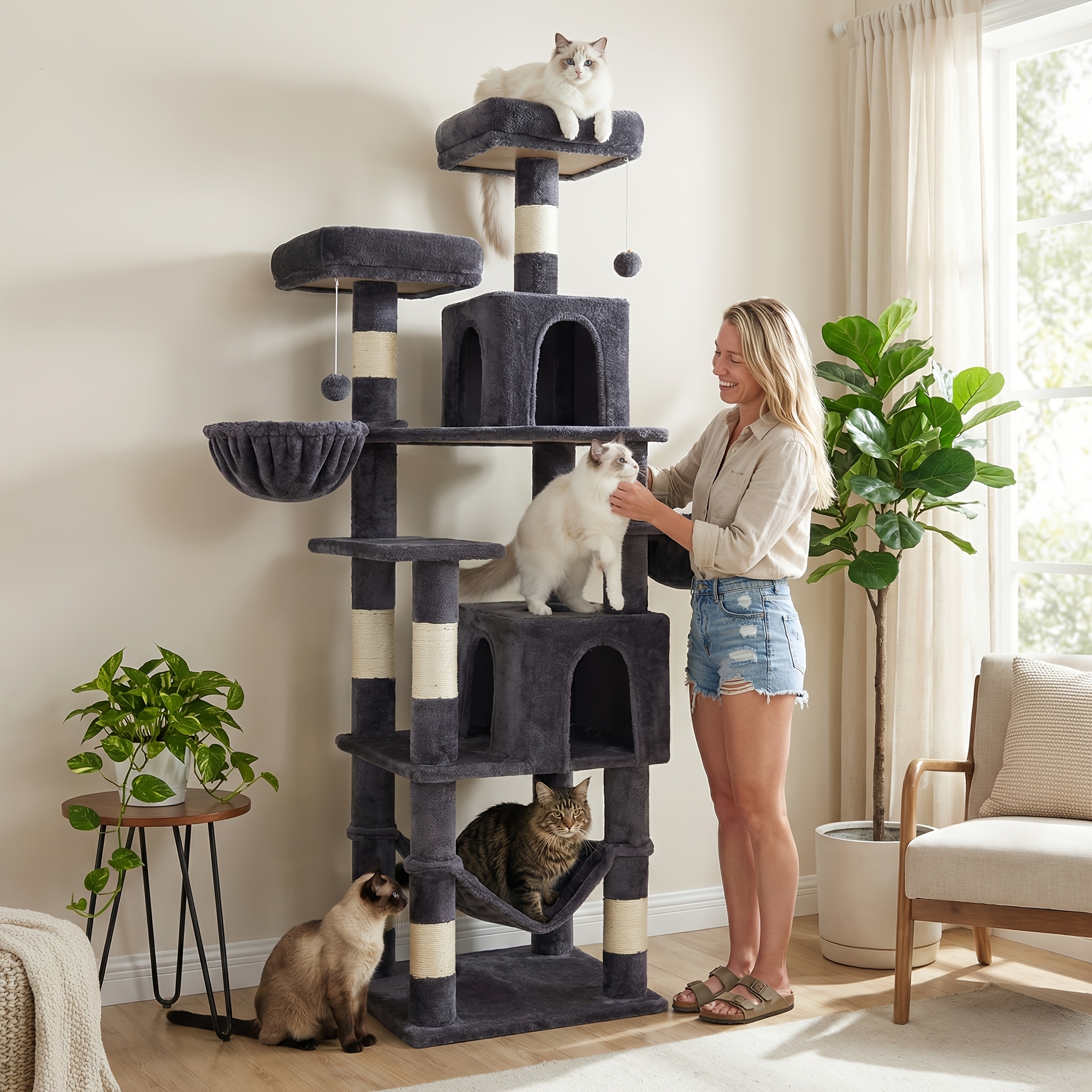 TEMU Amhancible Enormous Cat Tree, 180cm Cat Tree For Indoor Cats Large Adult, Cat Tower With 8 Scratching Posts, 2 Condos, 2 Hanging Basket, Sisal