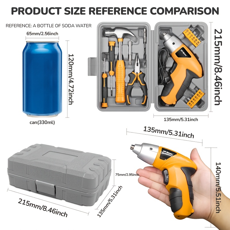 TEMU Hi- Lot de 20 pièces jaunes de tournevis électrique et d'outils à main rechargeables par USB 3,6 V avec mallette de rangement compacte, kit de