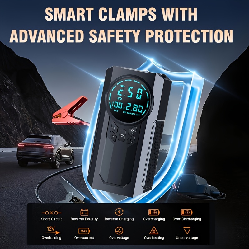 auxiliar de emergência para carro, 8000a com compressor de ar, inflador de pneus 180psi, bateria capacidade incorporada de 8000mah, visor digital, monitorização da pneus, 3 de iluminação led - adequado para de 9.99l ou de 9.01l Detalhes do produto 5