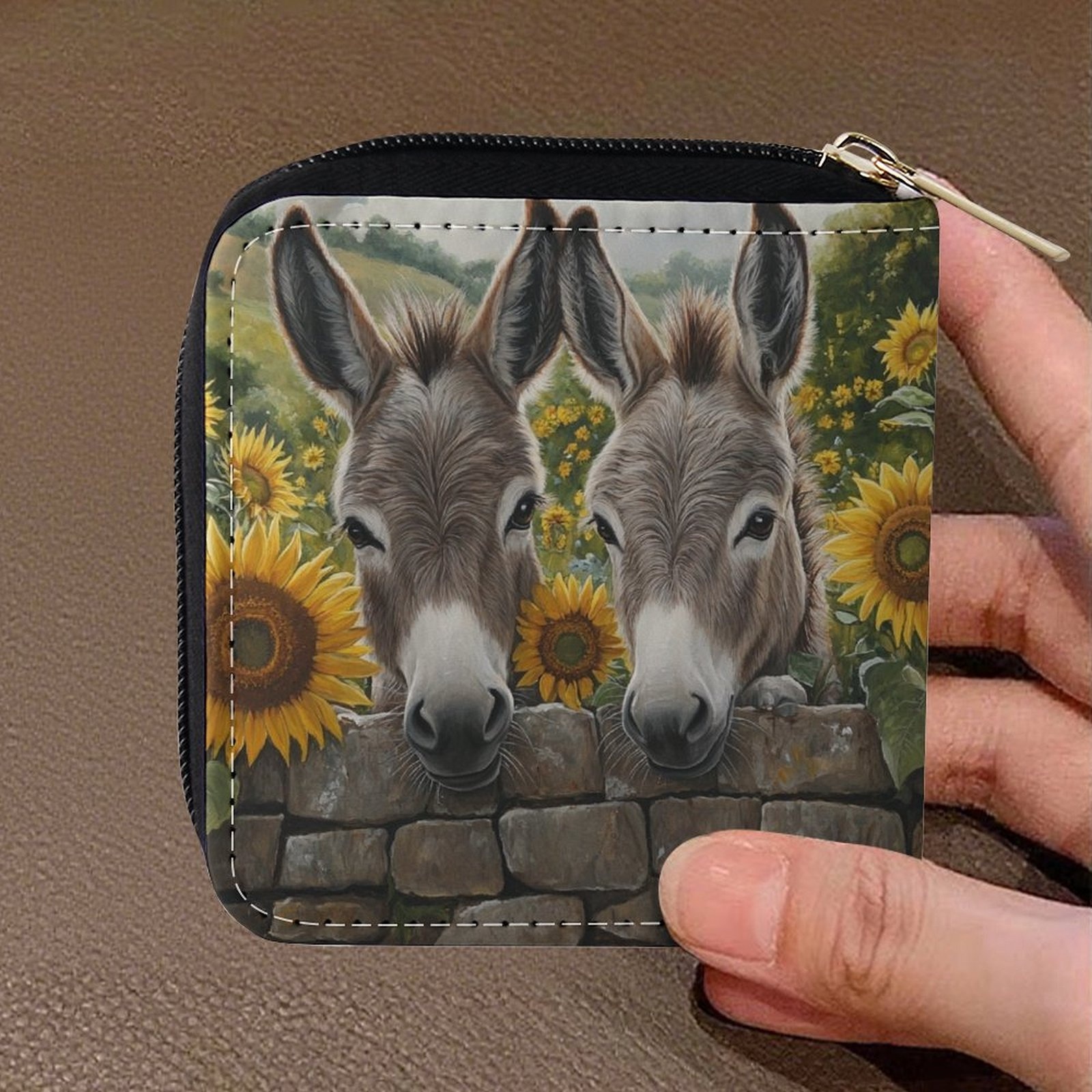 1pc spanish donkey & sunflower wallet - zipper purse with coin pocket & card holder, golden-tone zipper closure, multi-functional compact wallet for  , spanish-themed gift (casual & formal use) - durable & easy-    donkey & sunflower design,   options  , hand wash or  , secure zipper closure & card slots, coin purse with key ring 0