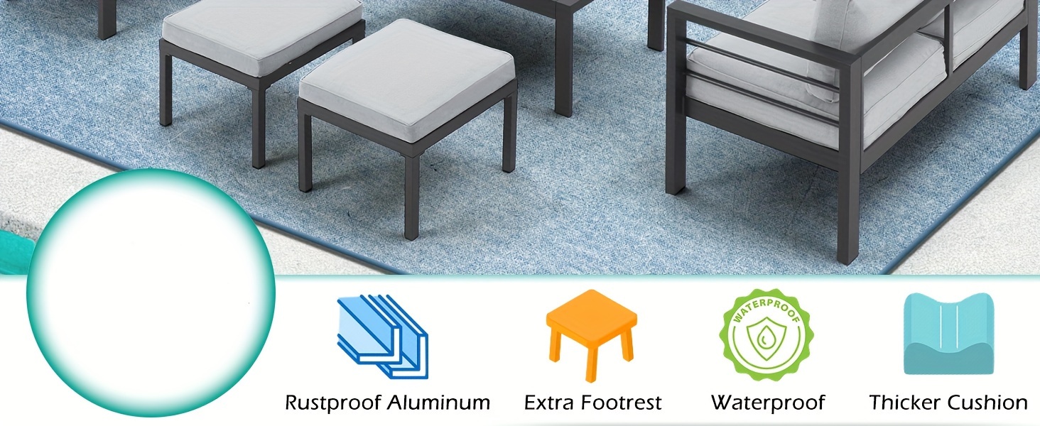 YODOLLA Aluminum Outdoor Furniture Collection, Contemporary Patio Set Including Coffee Table, 7pcs Conversation Set with Cushions for Balcony, Porch, And Lawn