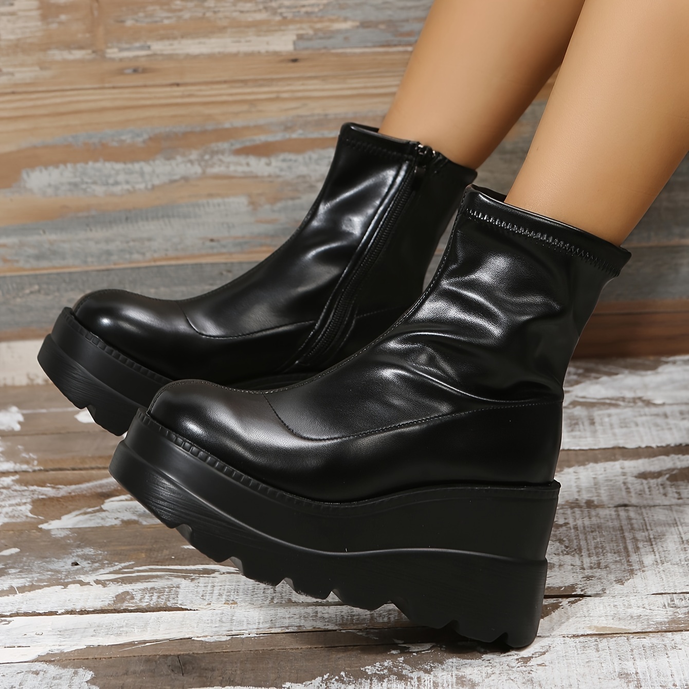 women's chunky heel platform ankle boots side zipper round Temu