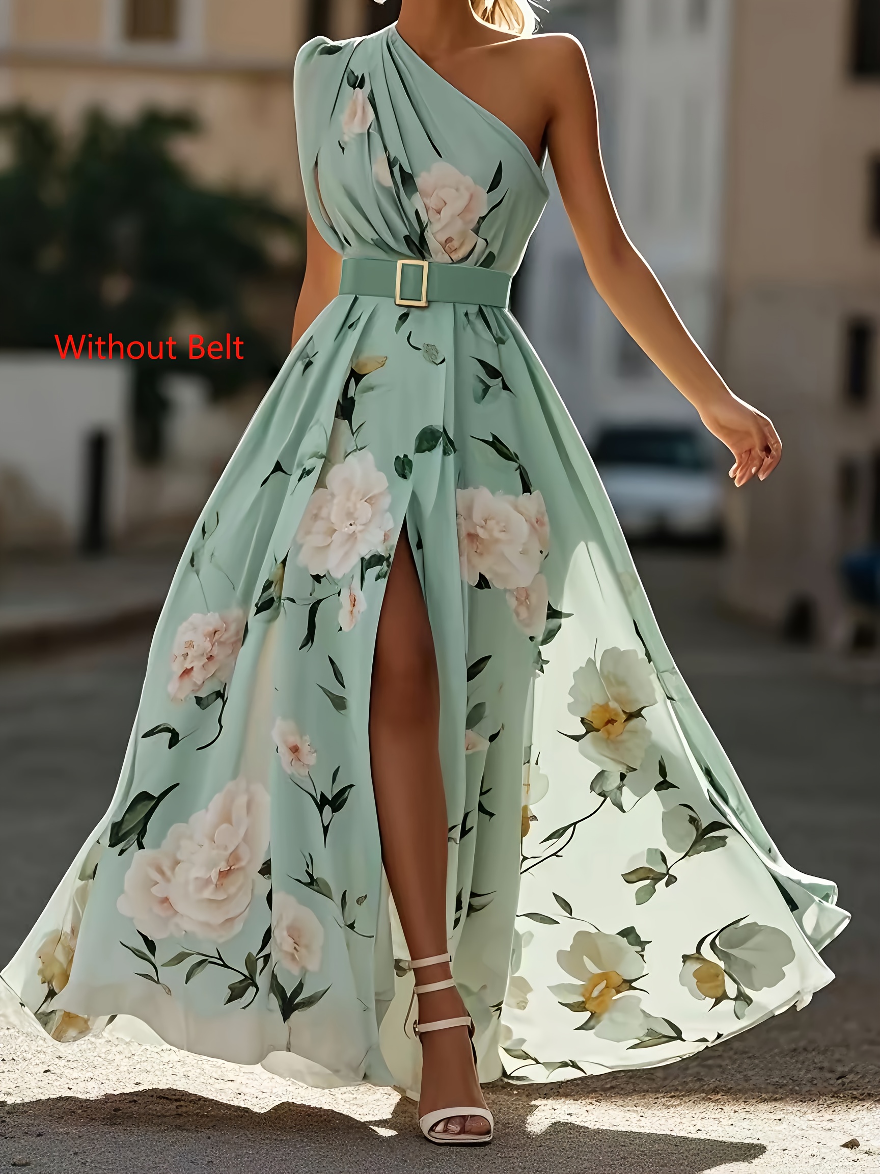 Light Green Floral Ruched One Shoulder A-Line Maxi Chiffon Dress