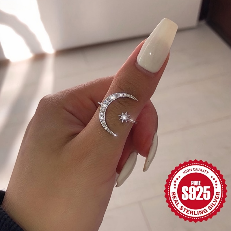 

925 Sterling Silver Open Ring Sparkling Moon & Star Design Paved Shining Zirconia Match Daily Outfits Party Decor High Quality Jewelry